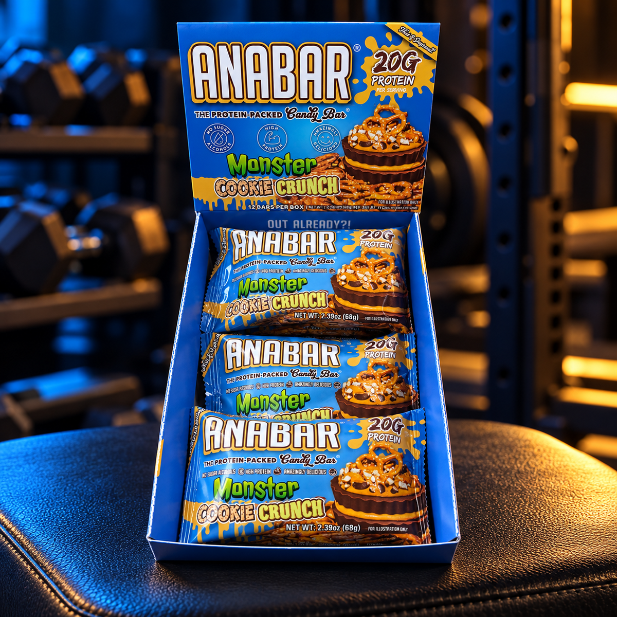 ANABAR Monster Cookie Crunch protein bar box in a gym lifestyle setting