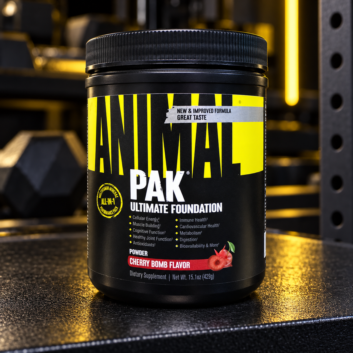 Animal Pak Ultimate Foundation Powder Cherry Bomb in a gym lifestyle setting
