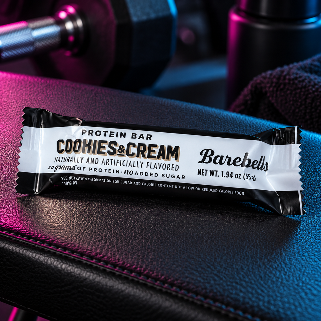 Barebells Cookies & Cream protein bar in a gym lifestyle setting