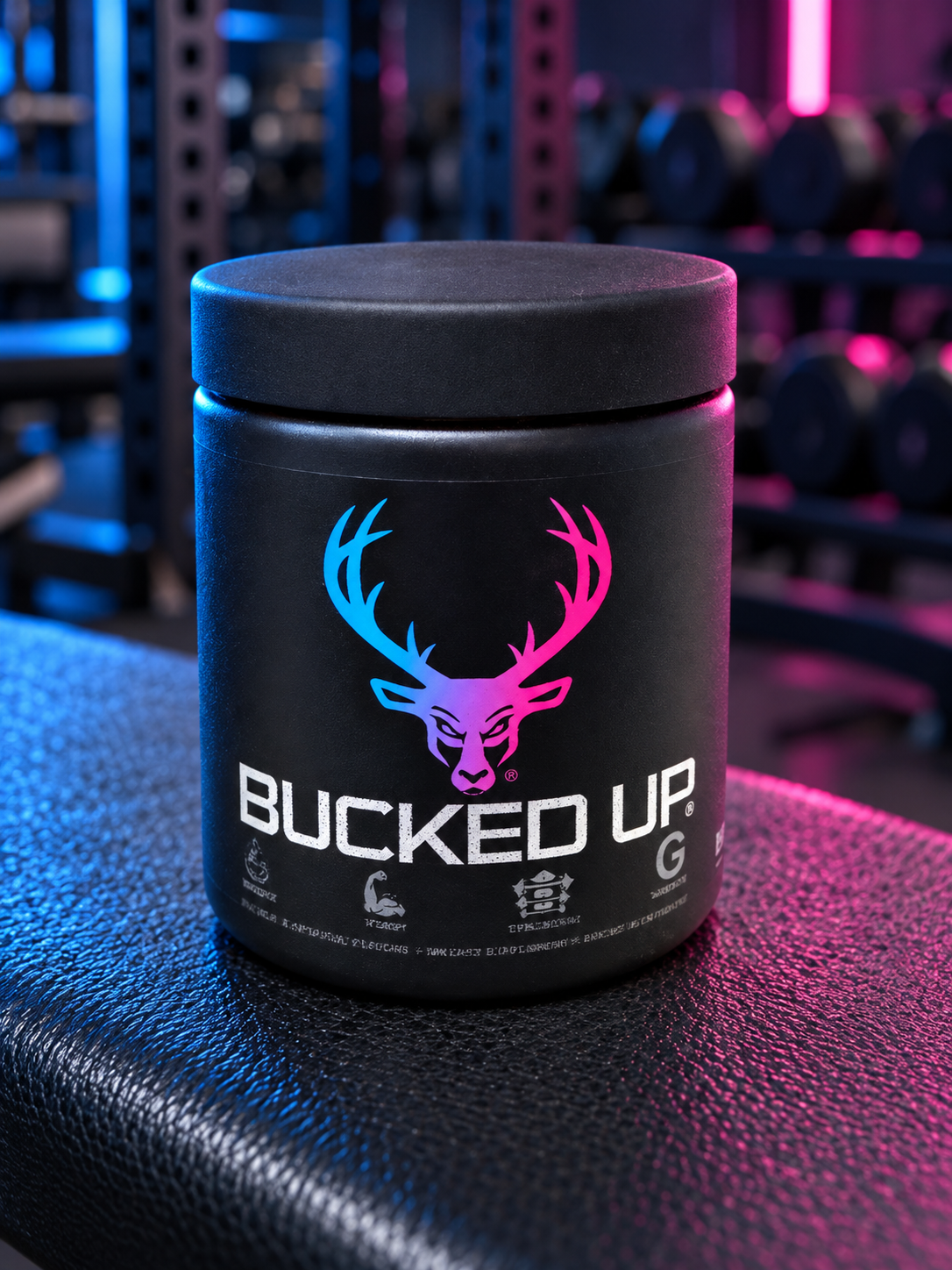 Bucked Up pre-workout tub in a gym lifestyle setting