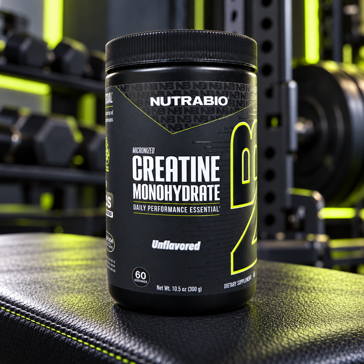 NutraBio Creatine Monohydrate Unflavored in a gym lifestyle setting